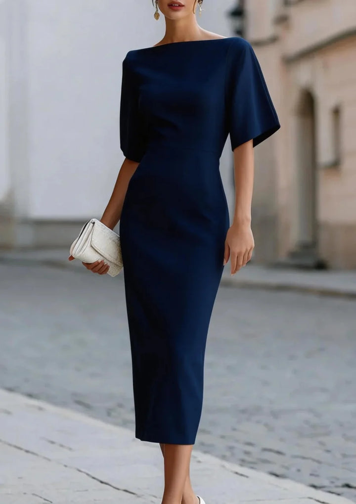 Boat Neck Short Sleeve Elegant Midi Cocktail Dress