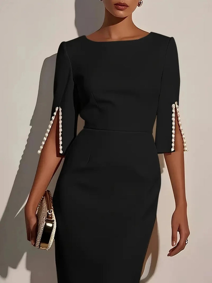 Elegant Round Neck Half Sleeve Beaded Slim Fit Midi Dress