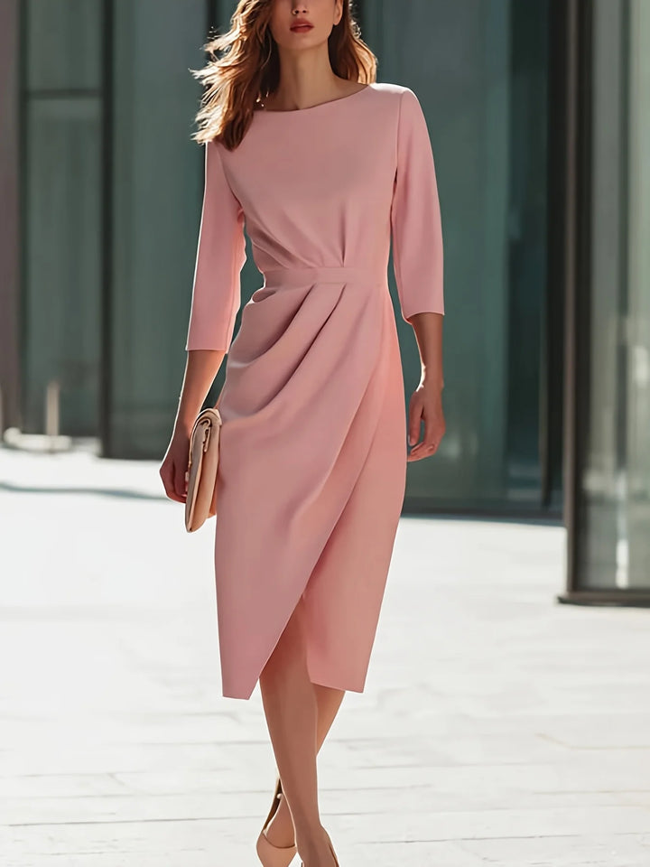Elegant Pink Waist-Cinching Pleated Slit Sleeve Dress