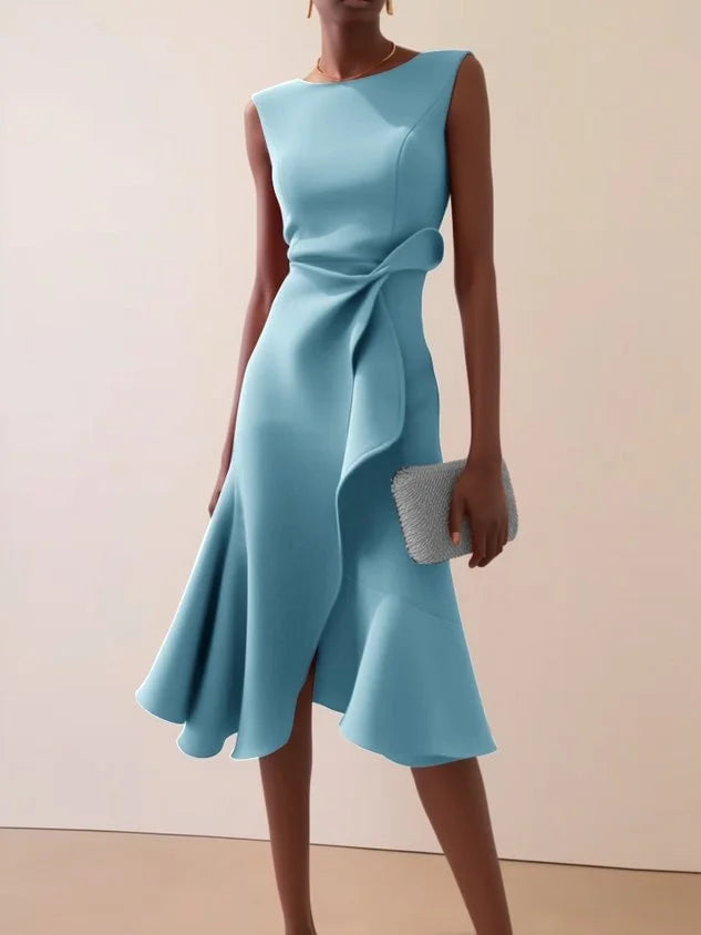 Sleeveless Solid Color Round Neck Slim Fit Midi Dress