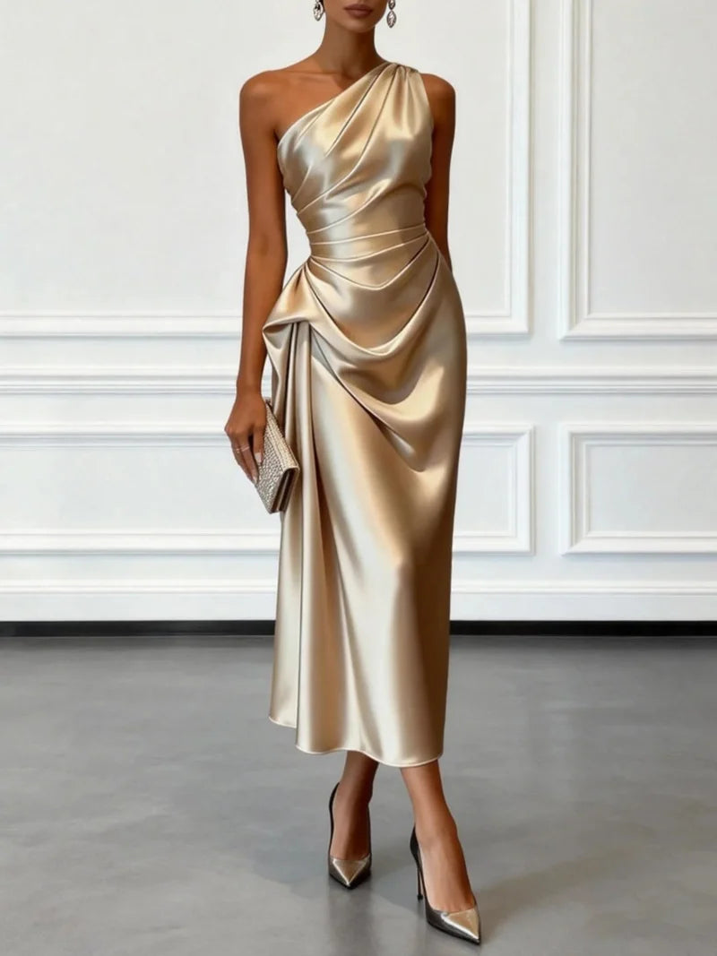 One Shoulder Satin Ruched Waist Midi Dress