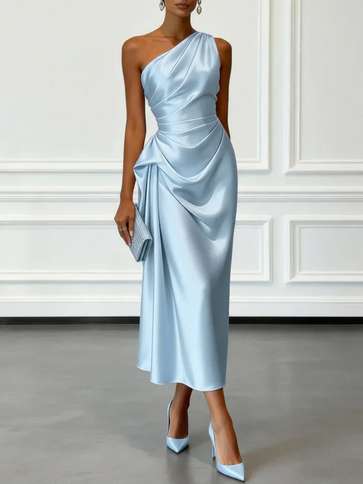 One Shoulder Satin Ruched Waist Midi Dress