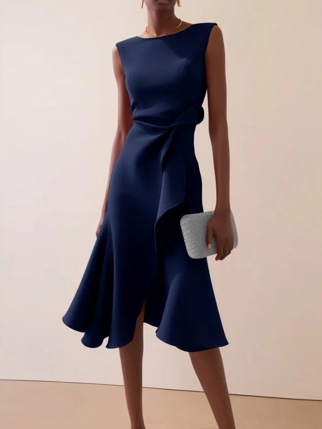 Sleeveless Solid Color Round Neck Slim Fit Midi Dress