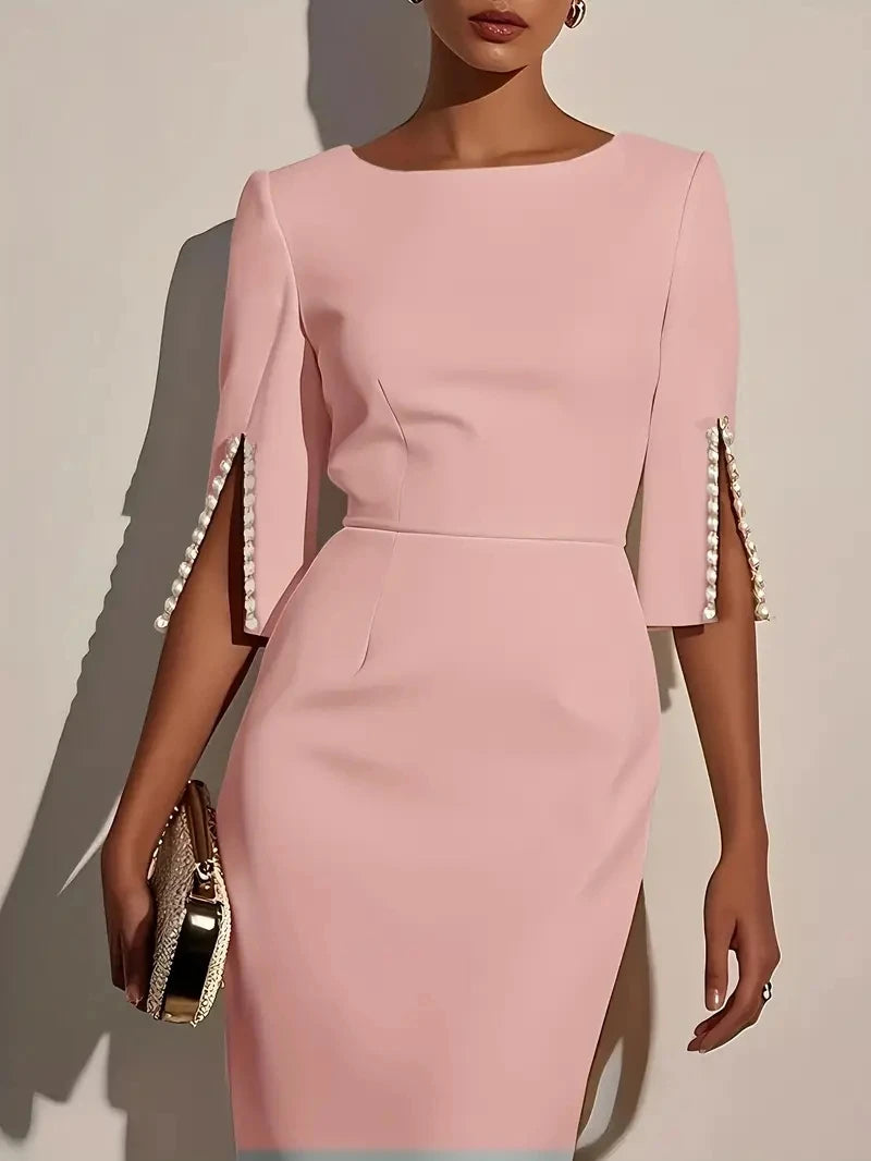 Elegant Round Neck Half Sleeve Beaded Slim Fit Midi Dress