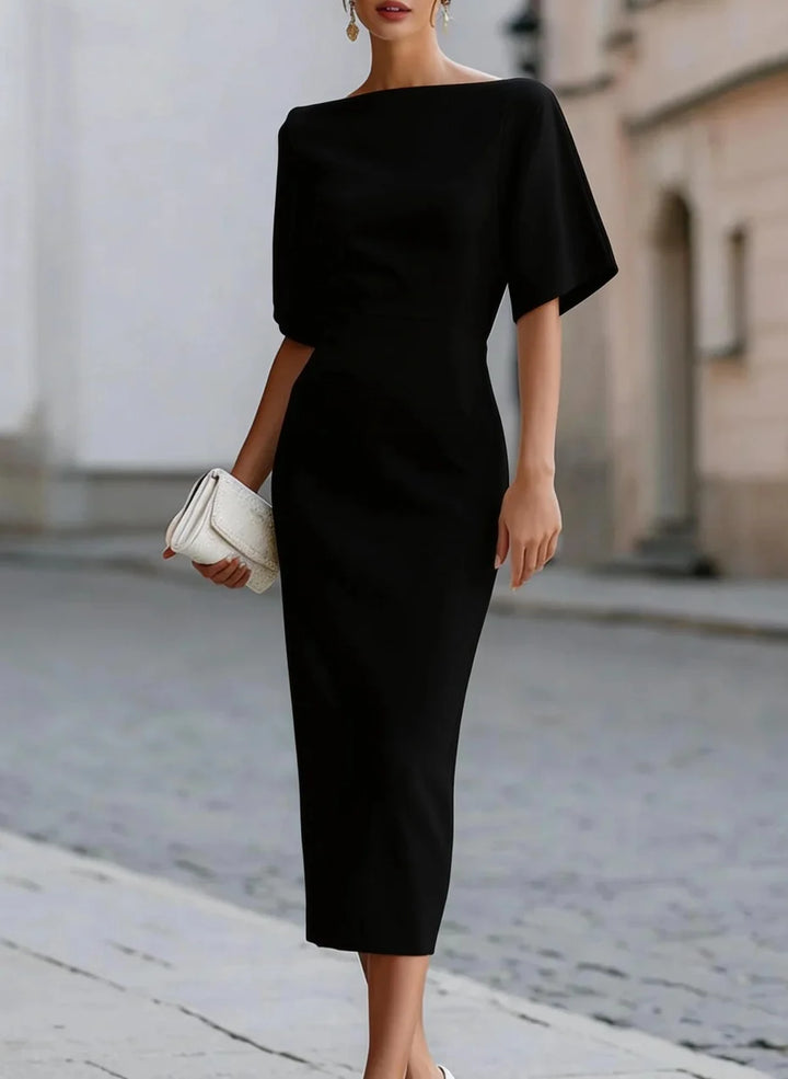 Boat Neck Short Sleeve Elegant Midi Cocktail Dress