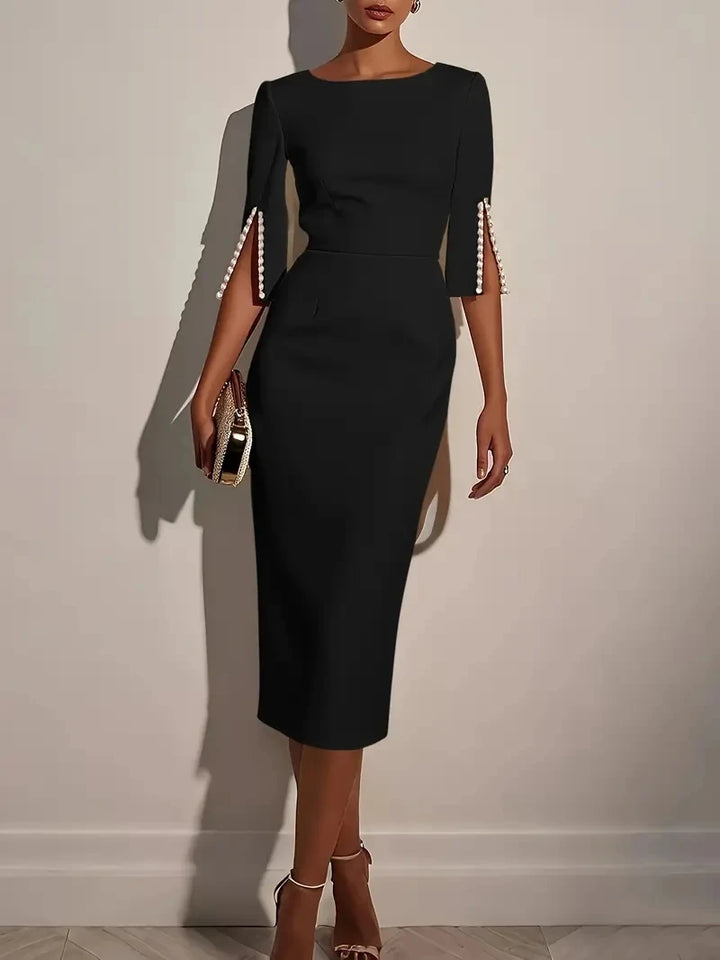 Elegant Round Neck Half Sleeve Beaded Slim Fit Midi Dress