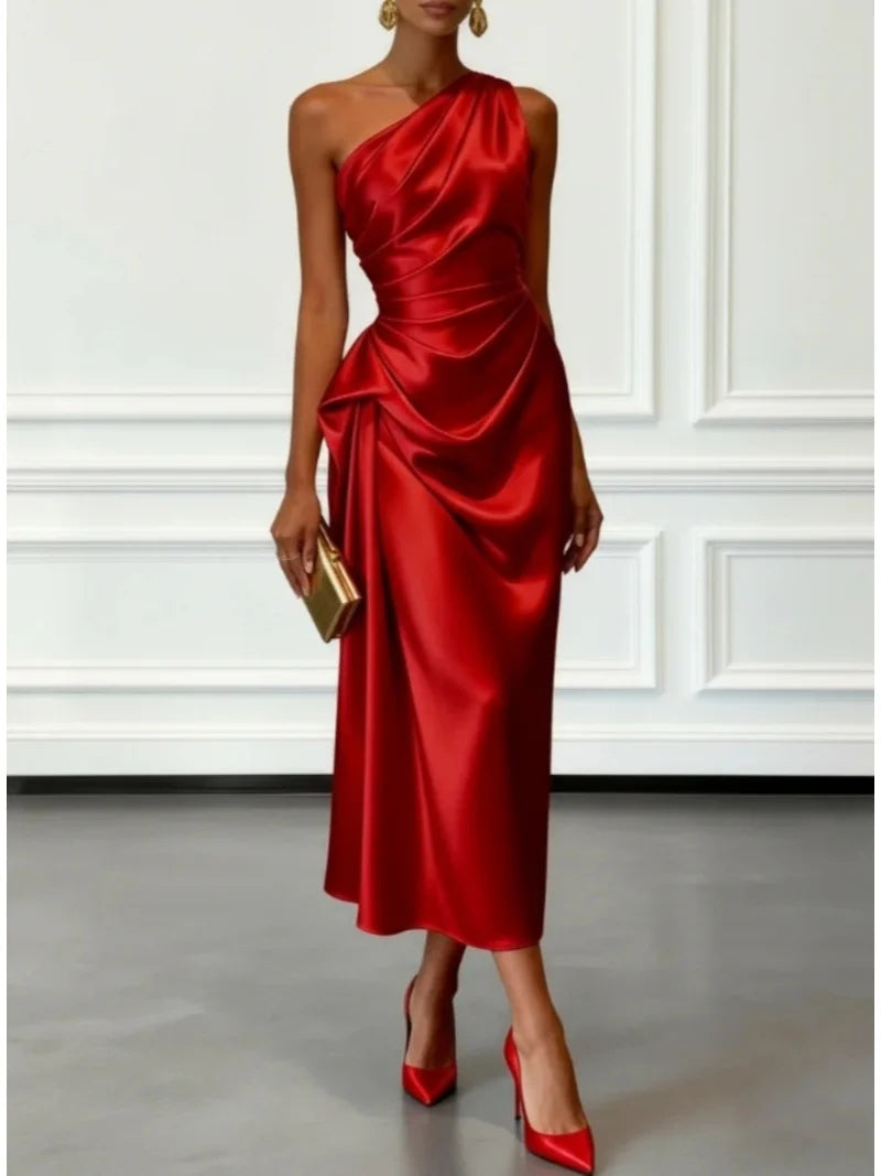 One Shoulder Satin Ruched Waist Midi Dress