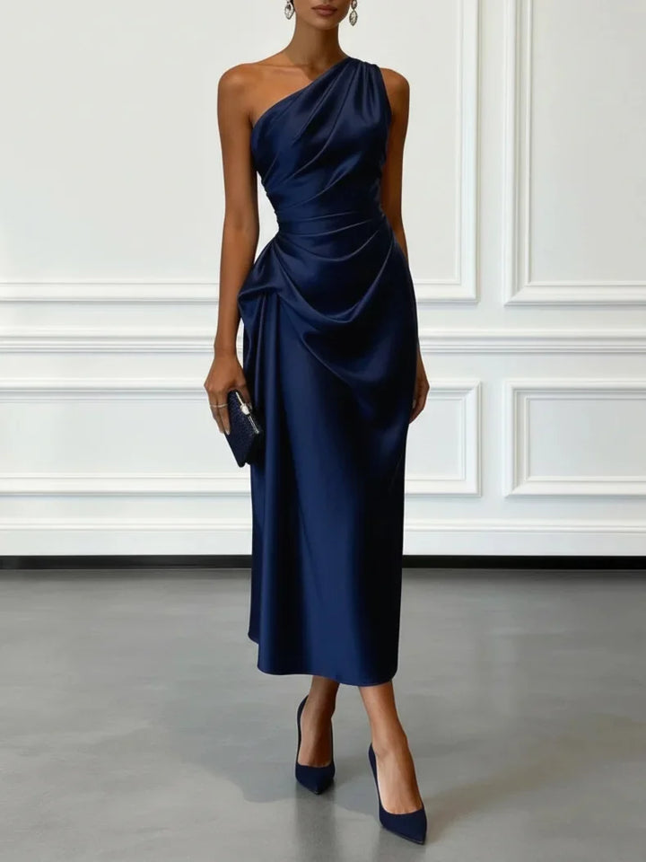 One Shoulder Satin Ruched Waist Midi Dress
