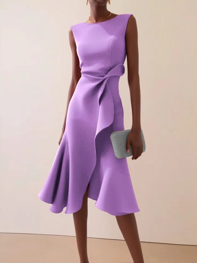 Sleeveless Solid Color Round Neck Slim Fit Midi Dress