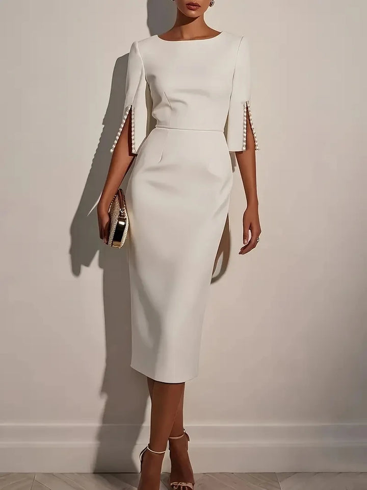 Elegant Round Neck Half Sleeve Beaded Slim Fit Midi Dress