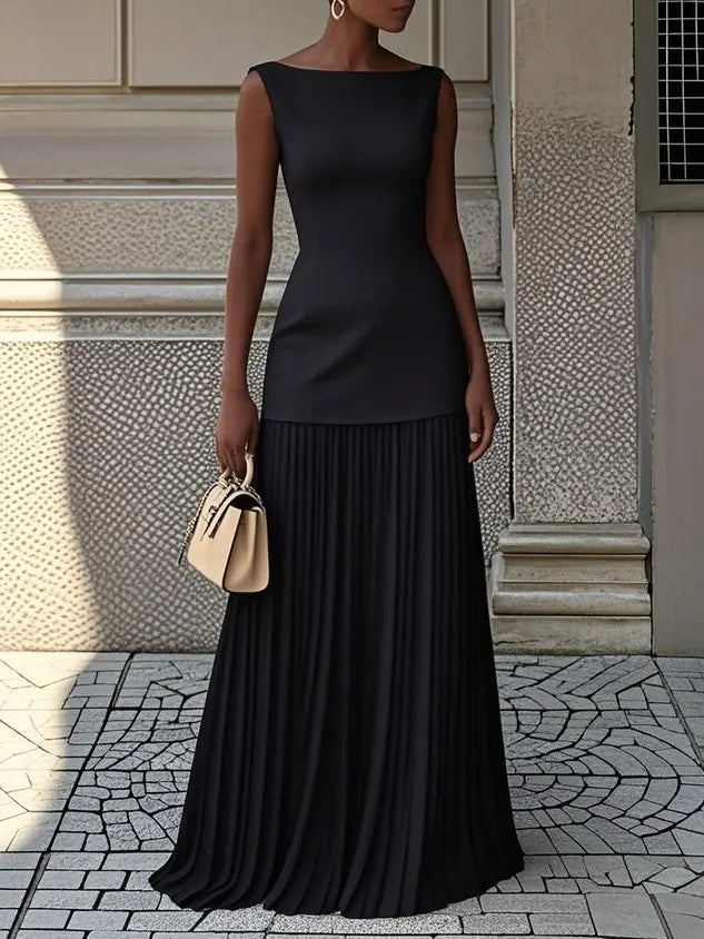 Elegant Solid Splice Pleated Skirt Set with Sleeveless Tank Top