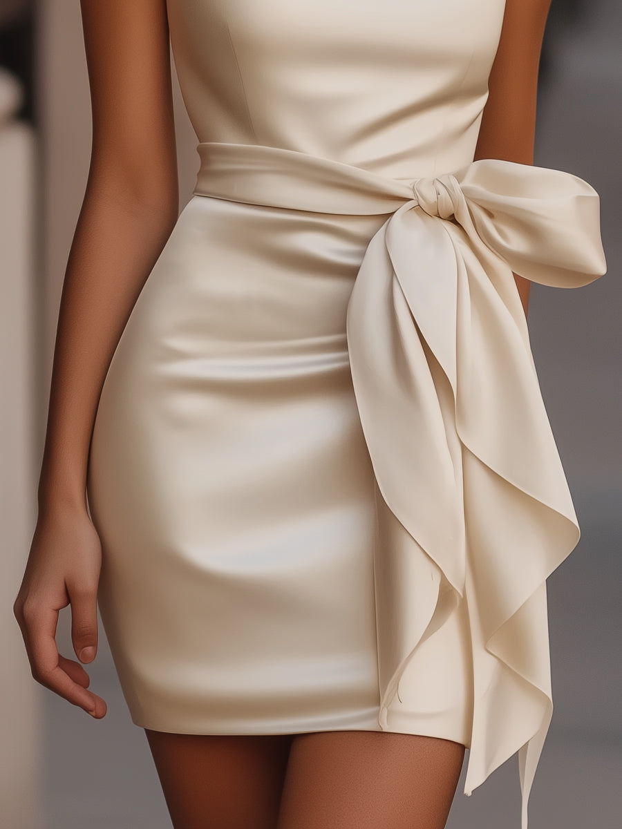 Women's satin sleeveless mini dress | Elegant cocktail dress with ruffled bow detail