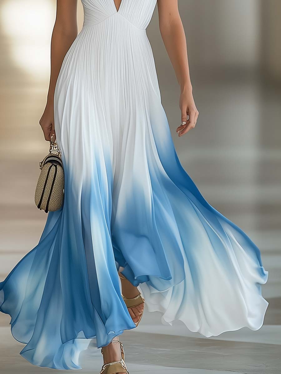 Flowing V-Neck Pleated Chiffon Maxi Dress