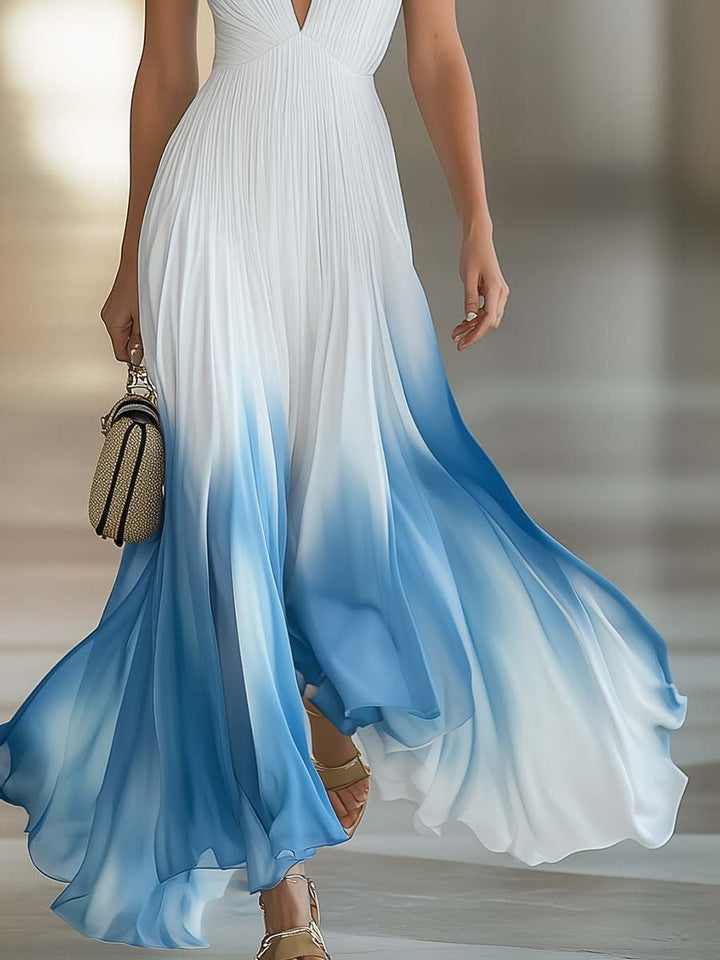 Flowing V-Neck Pleated Chiffon Maxi Dress