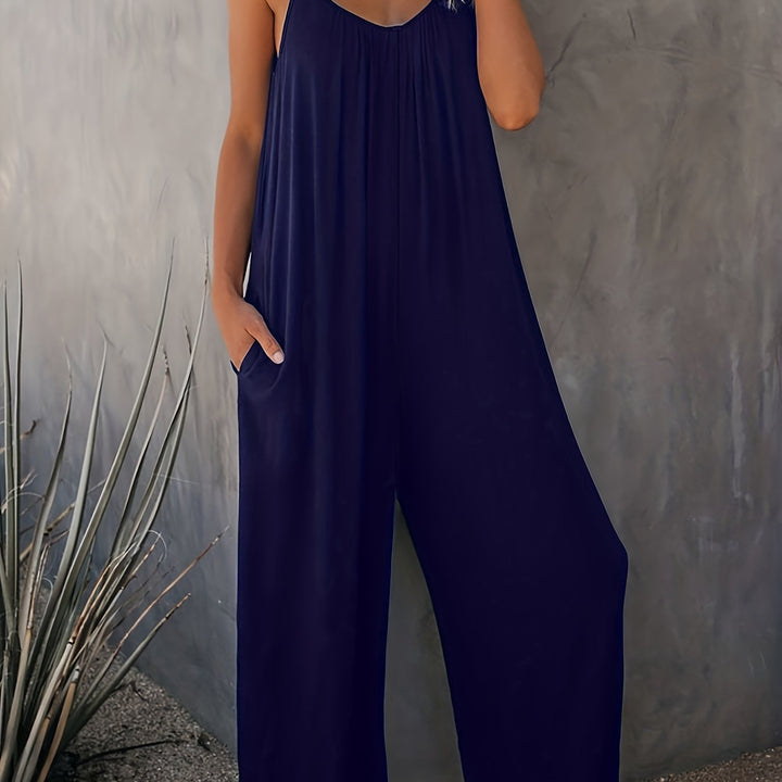 Women’s Sleeveless Jumpsuit with Pockets - Casual Polyester Knit Fabric, V-Neck