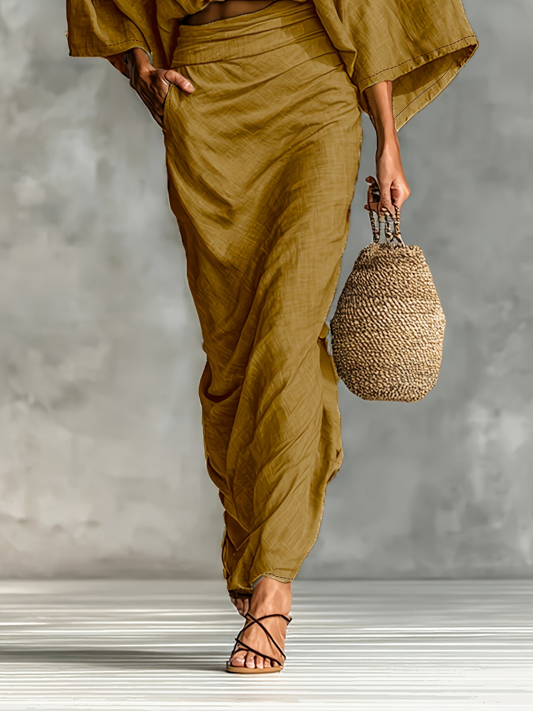 Women's Bat Sleeve Crop Top & Midi Skirt Set