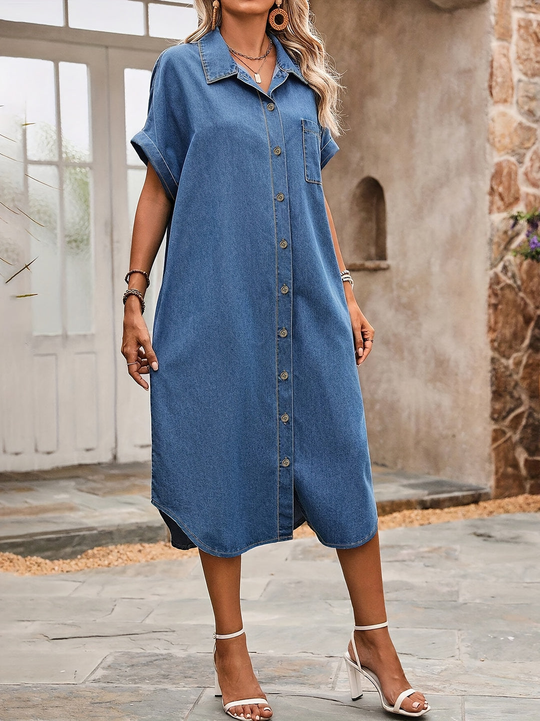 Plus Size Casual Button-Front Denim Dress