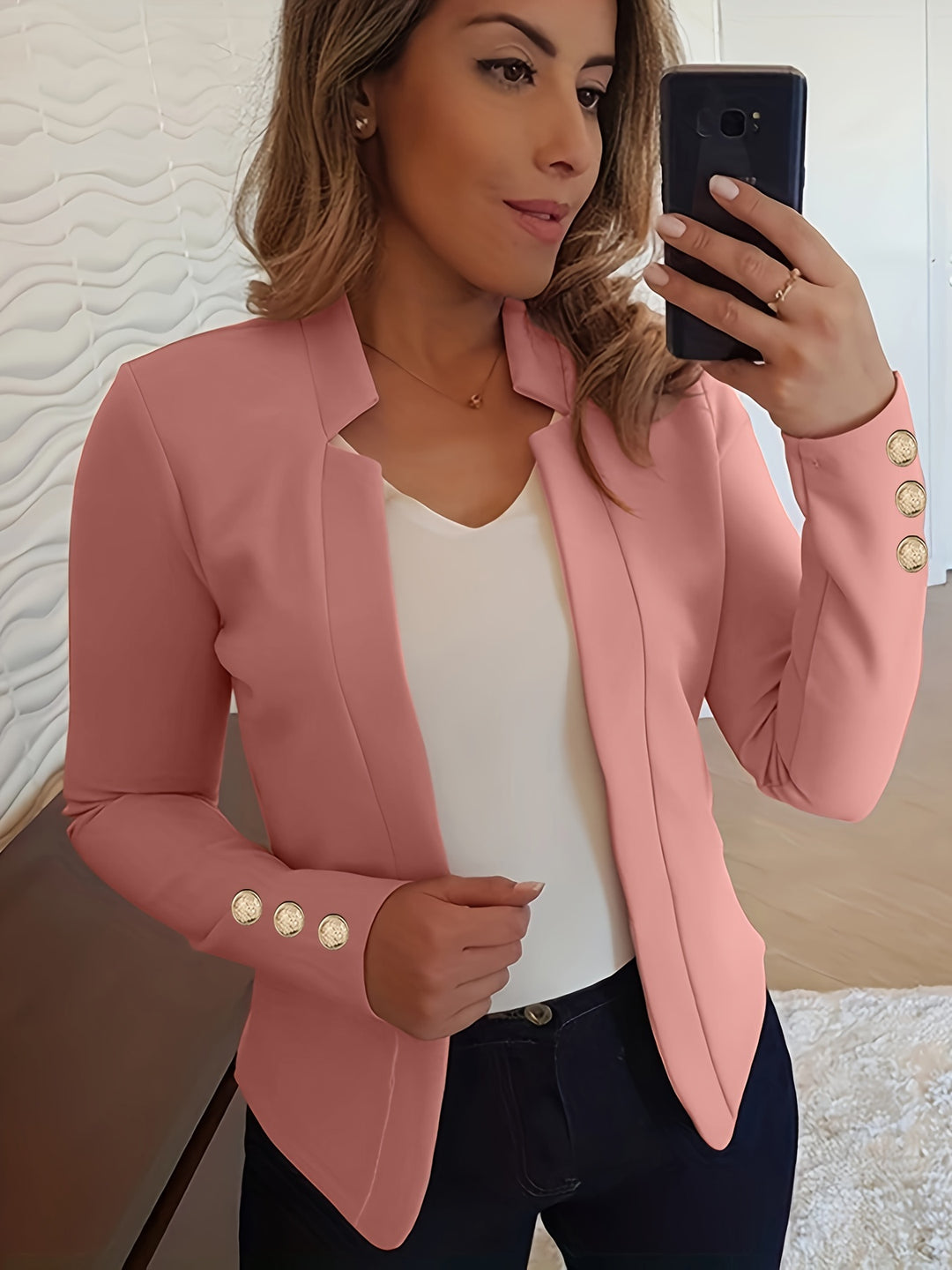 Solid Open Front Blazer - Long Sleeve Office Wear