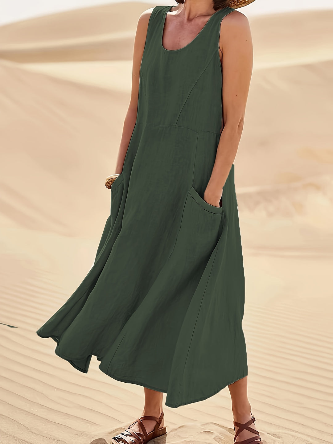 Women's Sleeveless A-Line Dress with Pockets, Mid-Length Loose Fit