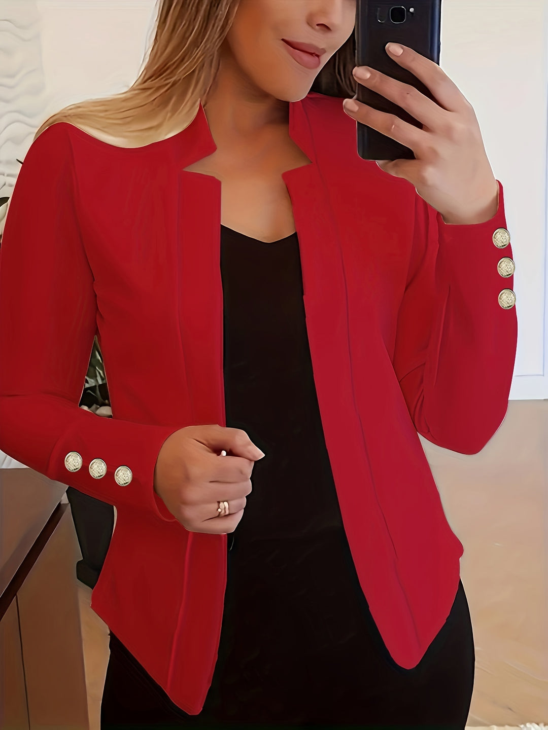 Solid Open Front Blazer - Long Sleeve Office Wear