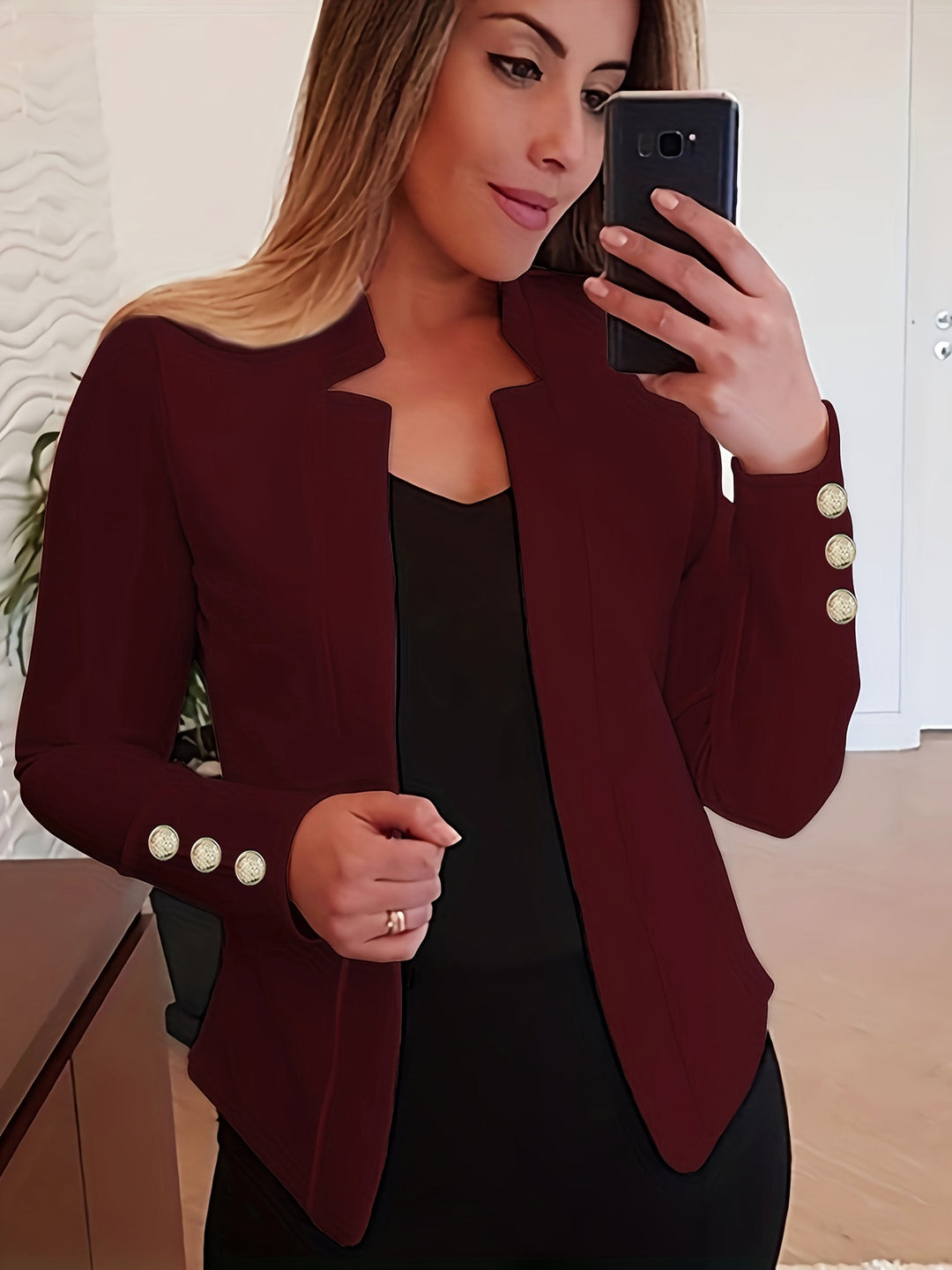 Solid Open Front Blazer - Long Sleeve Office Wear