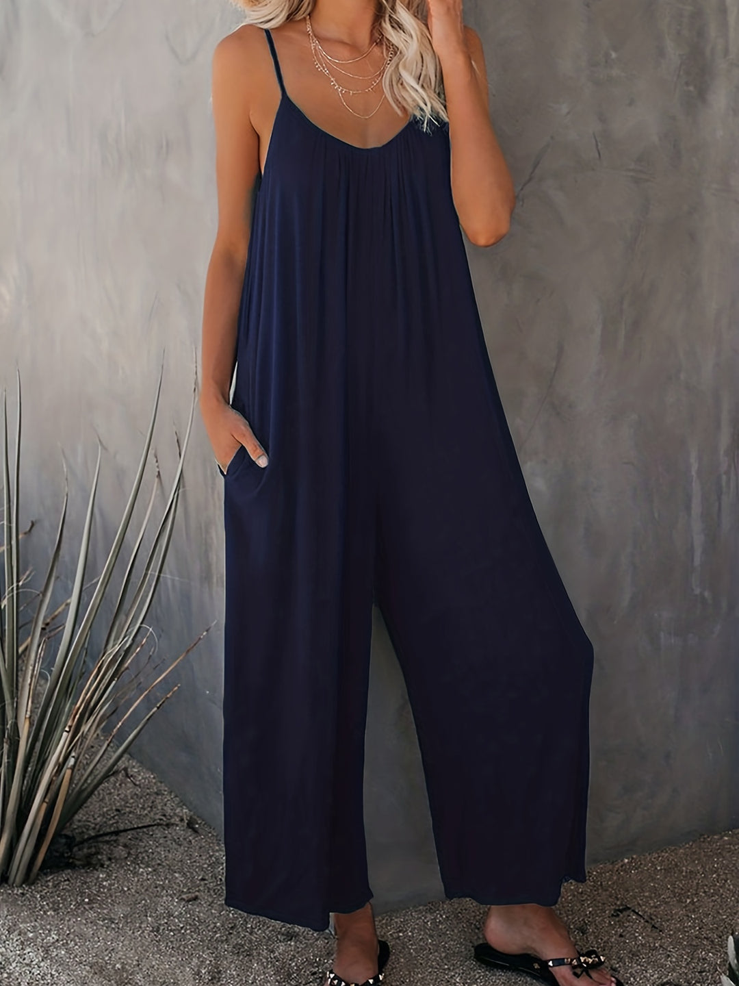 Plus Size Basic Jumpsuit, Women's Plus Solid V Neck Wide Leg Summer Cami Jumpsuit