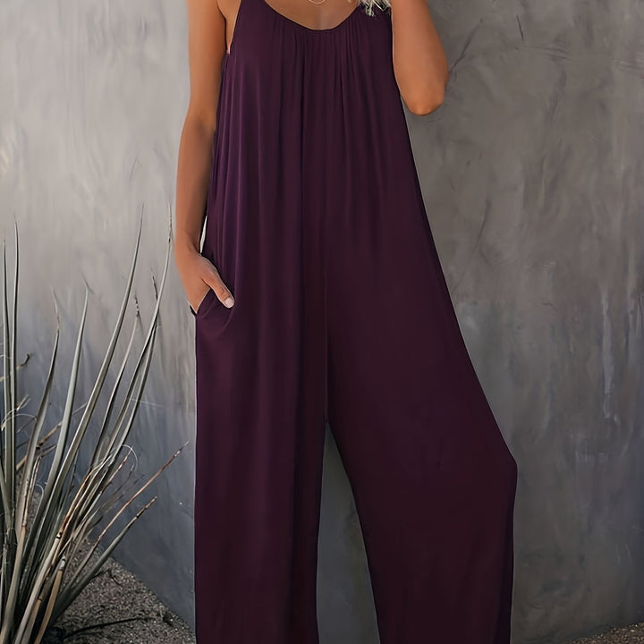 Women’s Sleeveless Jumpsuit with Pockets - Casual Polyester Knit Fabric, V-Neck