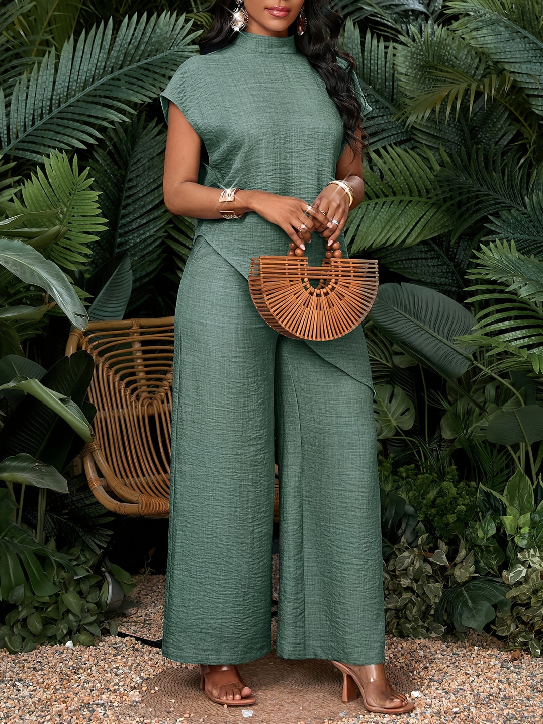 Women's Casual Solid Color Asymmetrical Hem Top and Pants Set