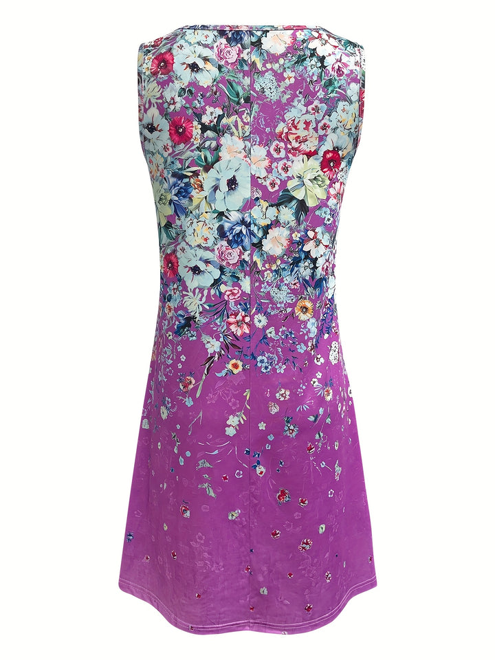 Summer Women's Fashion Small Floral Print Sleeveless V-Neck Casual Loose Dress