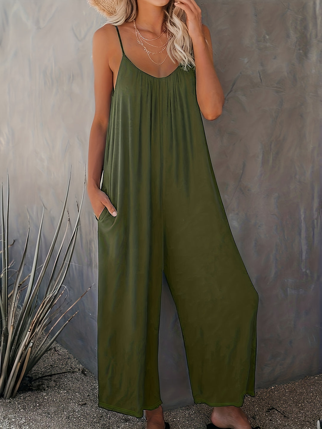 Women’s Sleeveless Jumpsuit with Pockets - Casual Polyester Knit Fabric, V-Neck