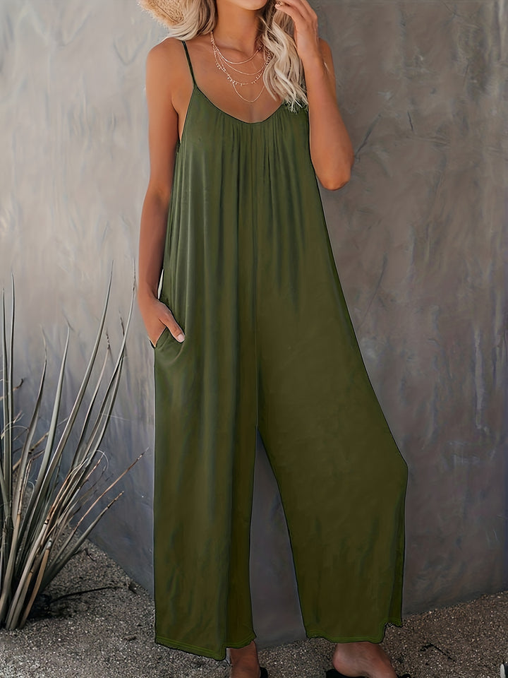 Women’s Sleeveless Jumpsuit with Pockets - Casual Polyester Knit Fabric, V-Neck