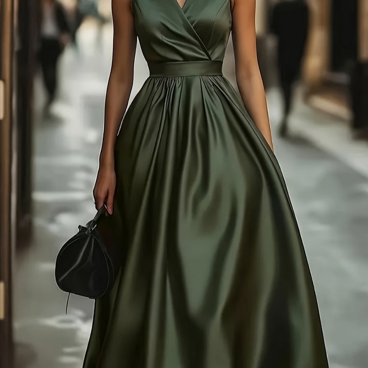 Olive Green Satin V-Neck Sleeveless A-Line Dress