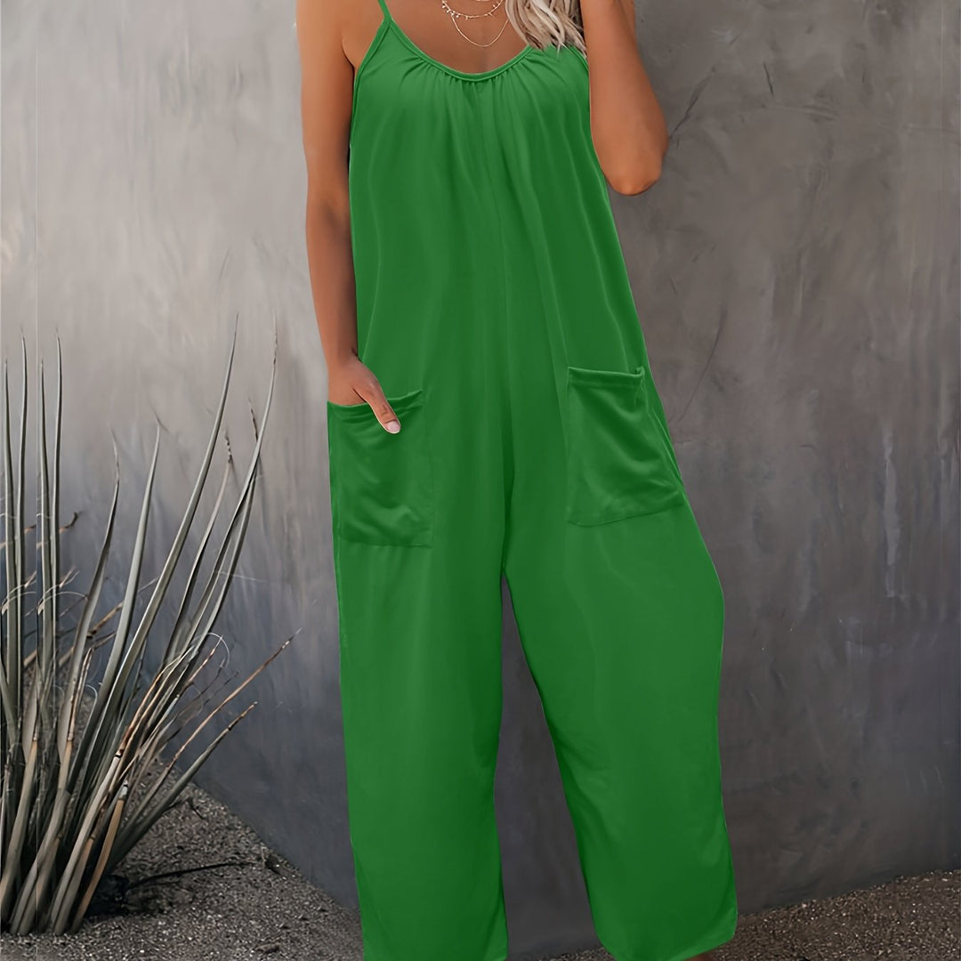 Western-Style Casual Strappy Jumpsuit with Chest Pleats and Patch Pockets