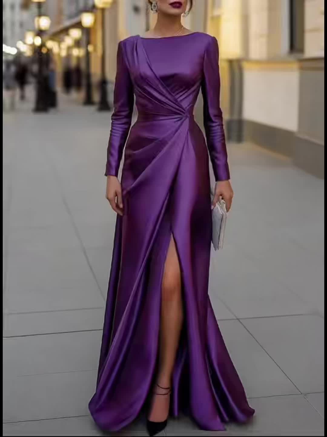 Satin Asymmetrical Slit Pleated Evening Gown