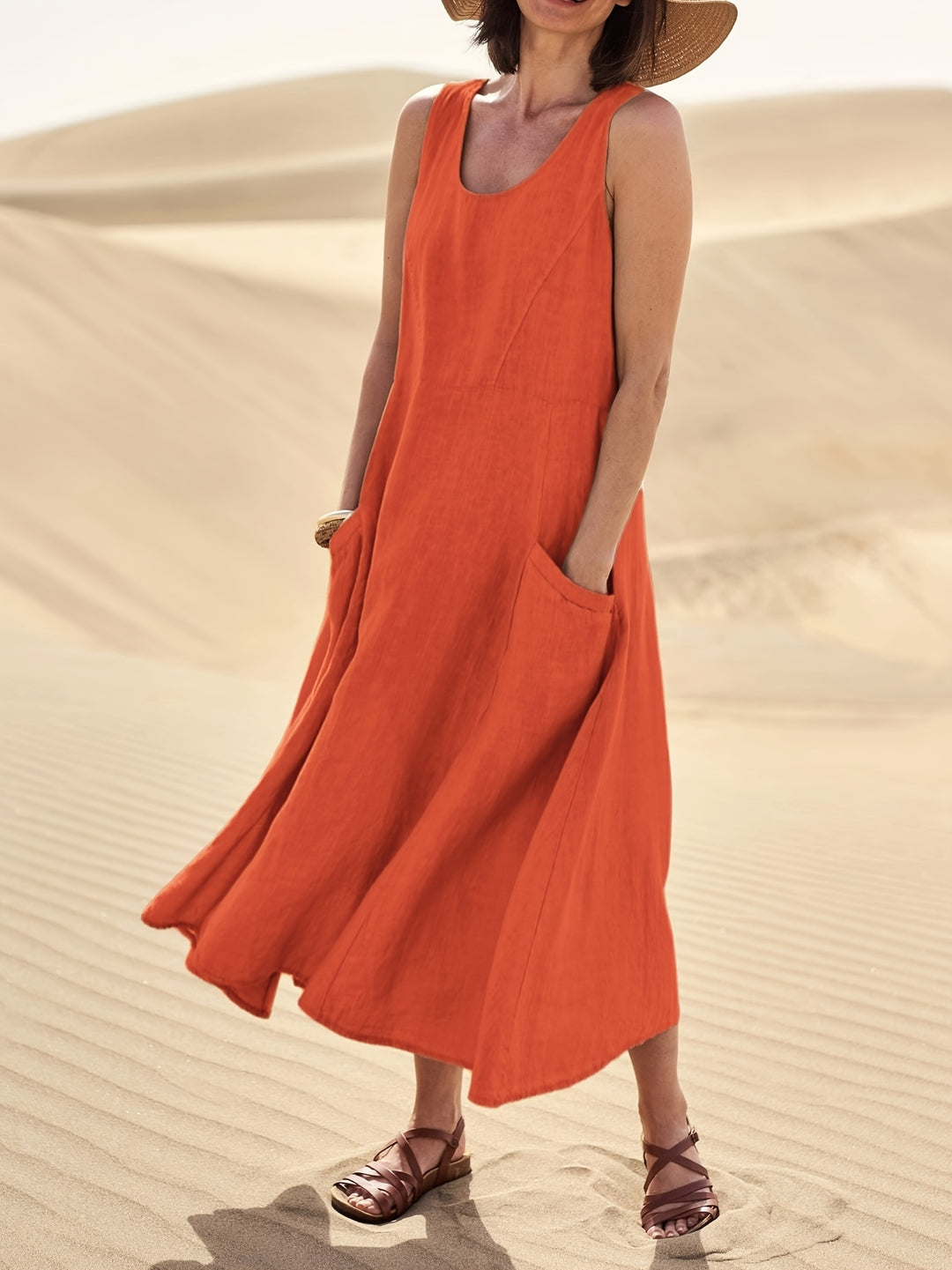 Women's Sleeveless A-Line Dress with Pockets, Mid-Length Loose Fit