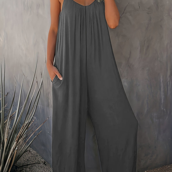 Plus Size Basic Jumpsuit, Women's Plus Solid V Neck Wide Leg Summer Cami Jumpsuit