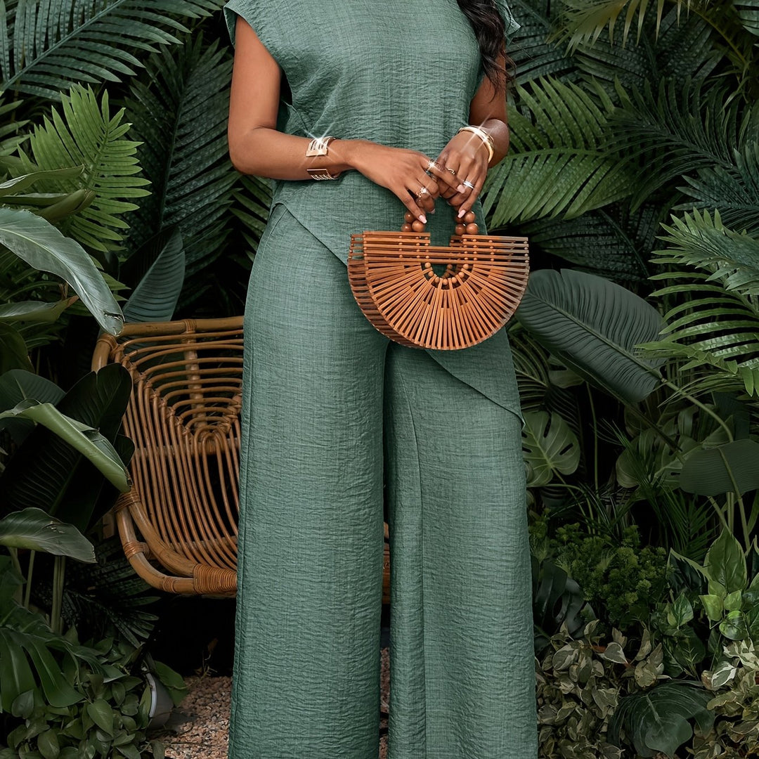 Women's Casual Solid Color Asymmetrical Hem Top and Pants Set