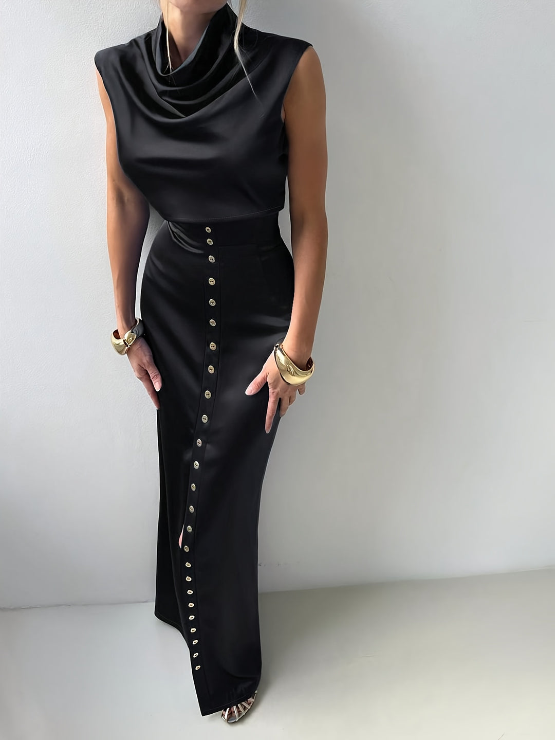 Blue Satin Ruffled Collar Dress Set with Metal Buttons