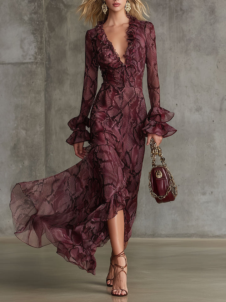 Elegant Burgundy Chiffon Maxi Dress