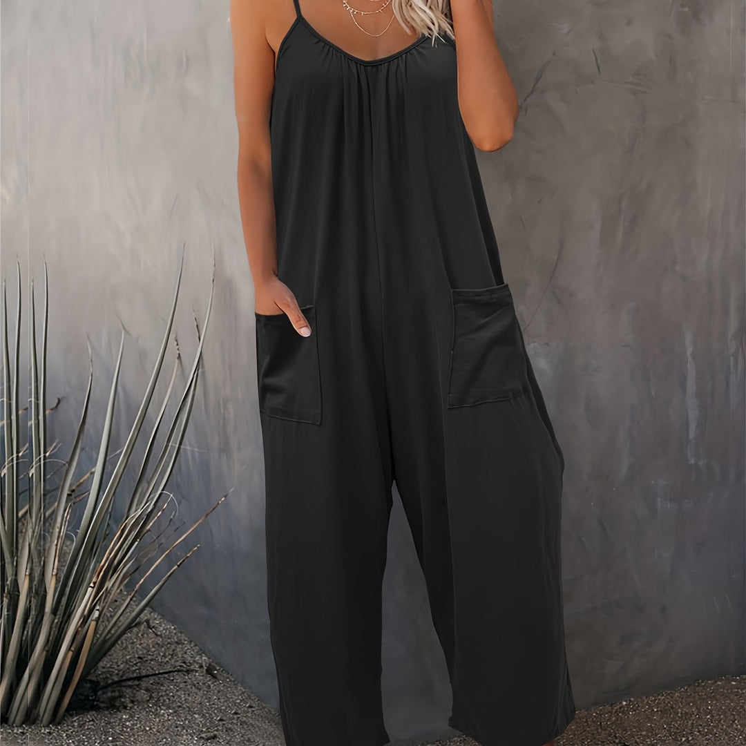 Western-Style Casual Strappy Jumpsuit with Chest Pleats and Patch Pockets