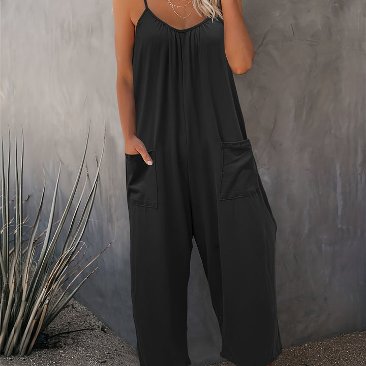 Western-Style Casual Strappy Jumpsuit with Chest Pleats and Patch Pockets