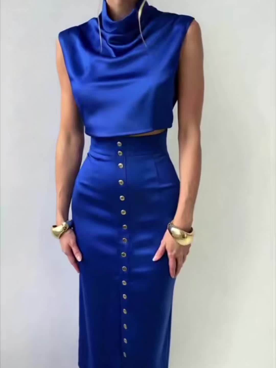 Blue Satin Ruffled Collar Dress Set with Metal Buttons