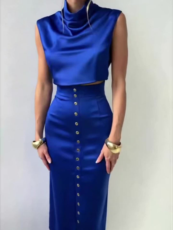 Blue Satin Ruffled Collar Dress Set with Metal Buttons