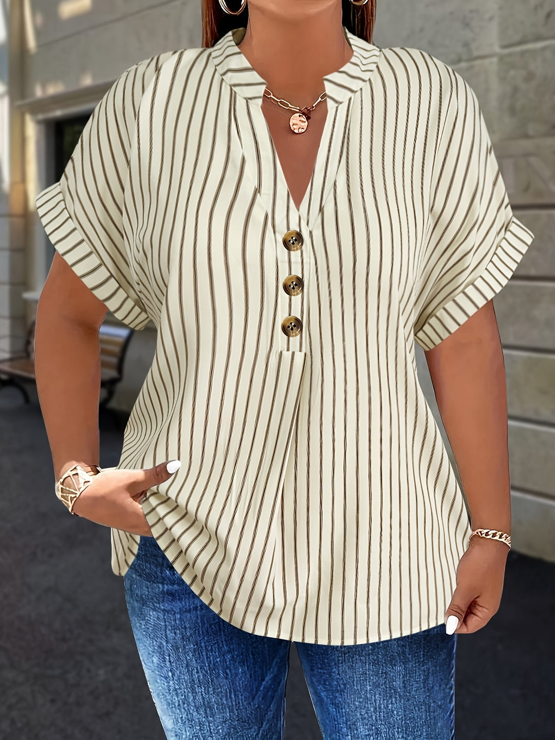 Hilda |  Striped Blouse Button Detail