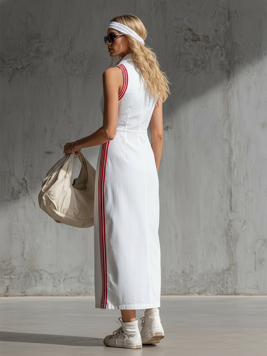 White Cotton Collared Sleeveless Maxi Dress