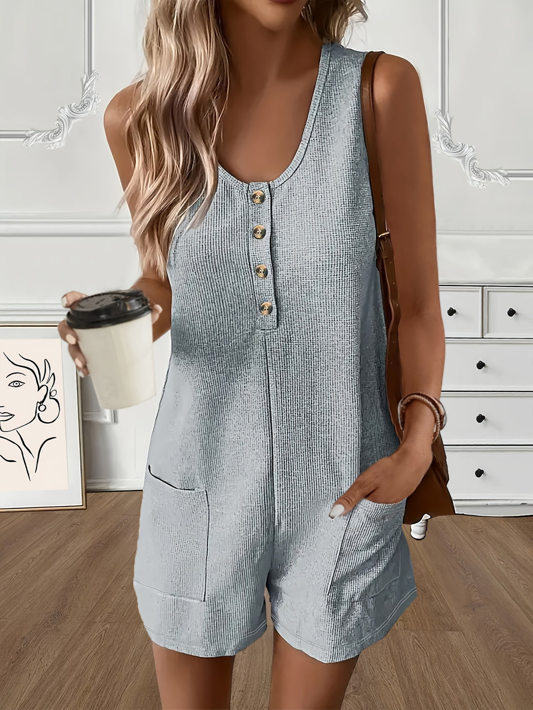 Button Front Sleeveless Romper Jumpsuit with Pockets - Casual Solid Color Summer Wear