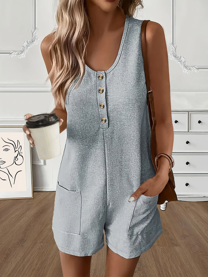 Button Front Sleeveless Romper Jumpsuit with Pockets - Casual Solid Color Summer Wear