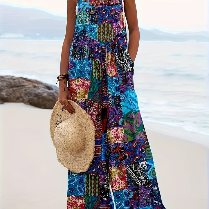 Women’s Boho Chic Blend Jumpsuit with Pockets - Tropical Print Wide Leg Overalls