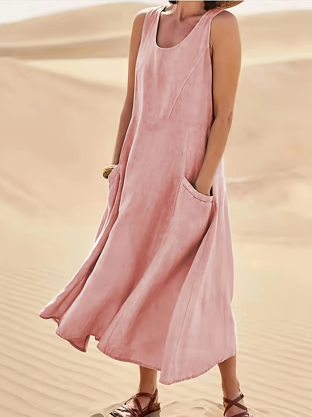 Women's Sleeveless A-Line Dress with Pockets, Mid-Length Loose Fit
