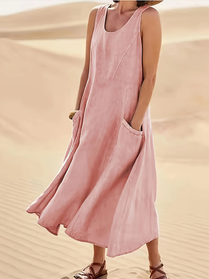Women's Sleeveless A-Line Dress with Pockets, Mid-Length Loose Fit